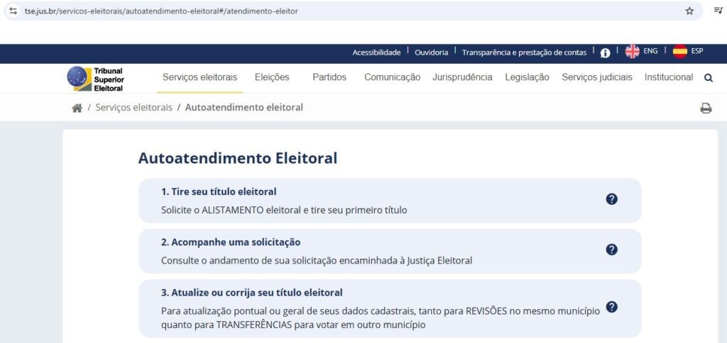 A tela apresenta as opções de serviços disponíveis no "Autoatendimento Eleitoral" do TSE, numeradas e em caixas de texto azuis. Tire seu título eleitoral: solicite o ALISTAMENTO eleitoral e tire o primeiro título. Acompanhe uma solicitação: consulte o andamento da solicitação encaminhada à Justiça Eleitoral. Atualize ou corrija seu título eleitoral: para atualização pontual ou geral dos dados cadastrais, tanto para REVISÕES no mesmo município quanto para TRANSFERÊNCIAS para votar em outro município.