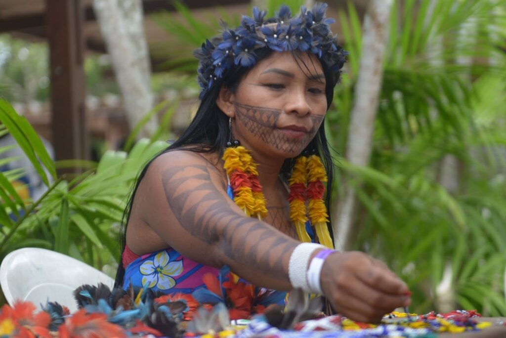Fotografia de Gilmara, uma mulher indígena com cocar de flores azuis, pinturas no rosto e no braço. Ela usa brincos grandes nas cores amarela e laranja e uma blusa florida. À sua frente, há uma mesa com acessórios e, ao fundo, várias plantas.