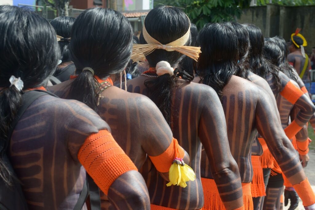 Fotografia de um grupo de indígenas sem camisa, com pinturas corporais, alinhados em fileira.